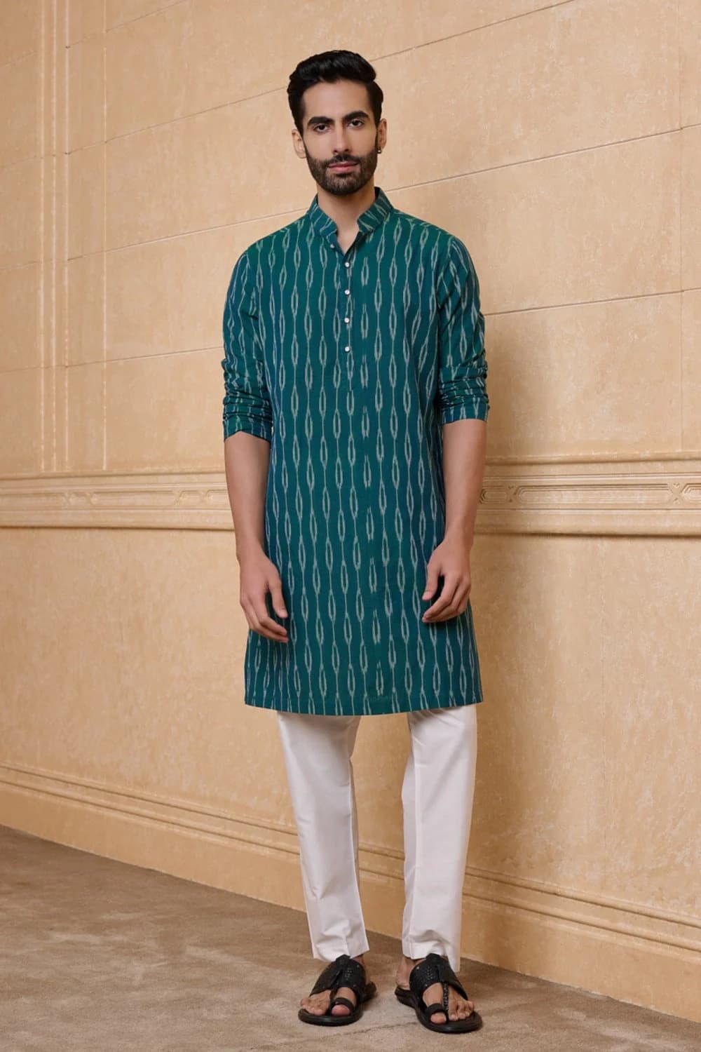 Men's Green Casual Printed Regular Fit Cotton Kurta