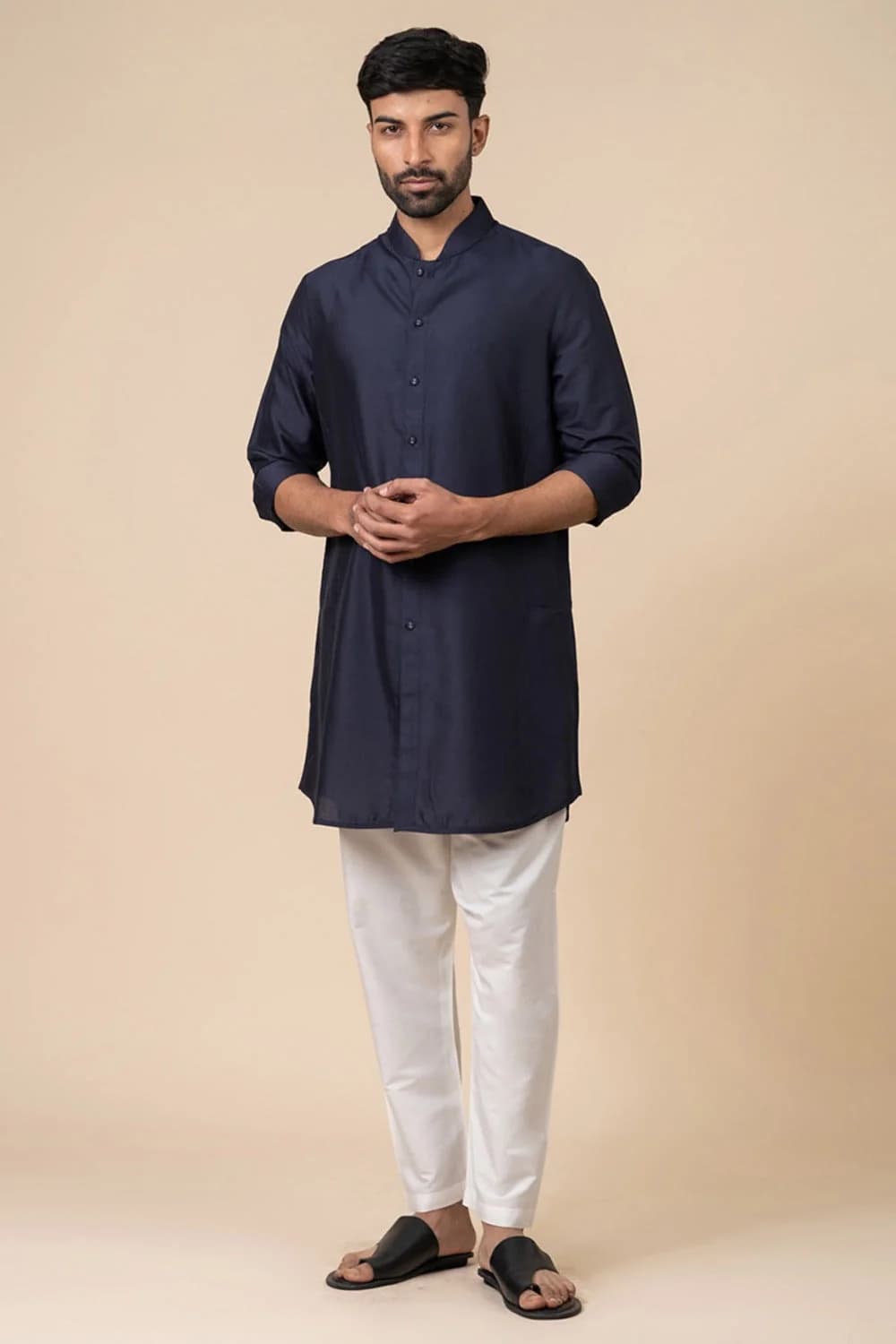 Men's Navy Casual Solid Regular Fit Kurta