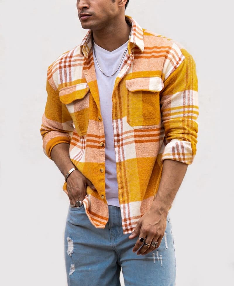 Men's Yellow Casual Checked Oversized Fit Shirt