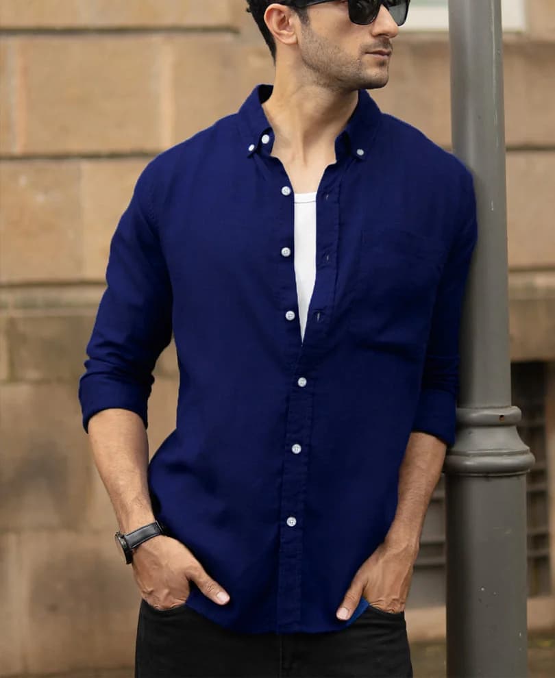 Men's Royal Blue Casual Solid Regular Fit Shirt