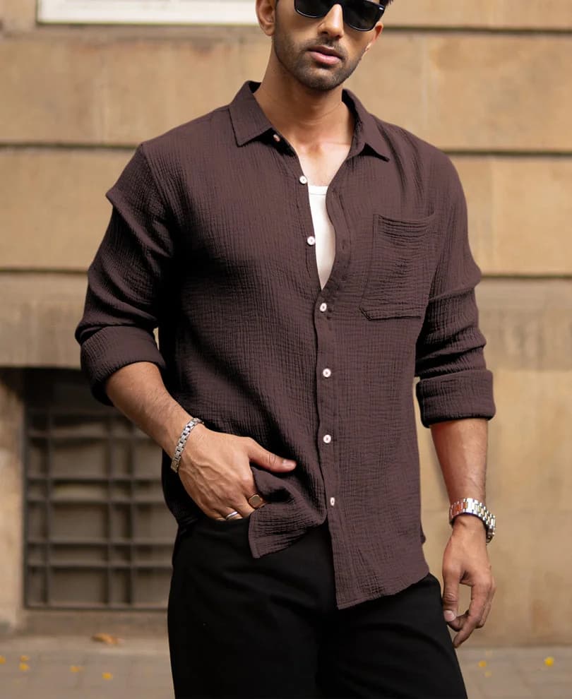 Men's Brown Casual Solid Regular Fit Cotton Shirt