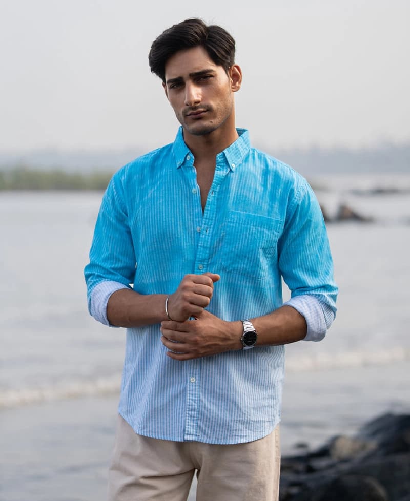 Men's Blue Casual Striped Regular Fit Shirt