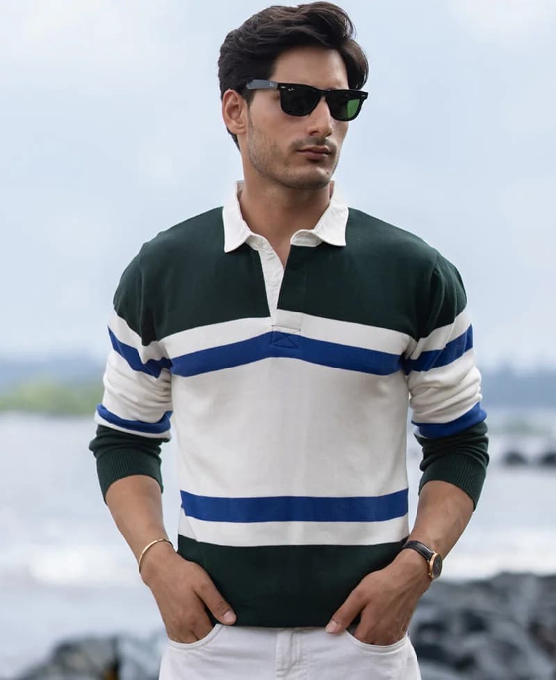 Men's Green Casual Striped Regular Fit Polo Tshirt