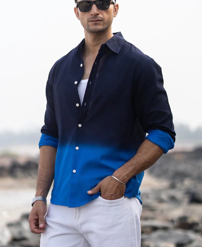 Men's Navy Casual Printed Regular Fit Cotton Shirt