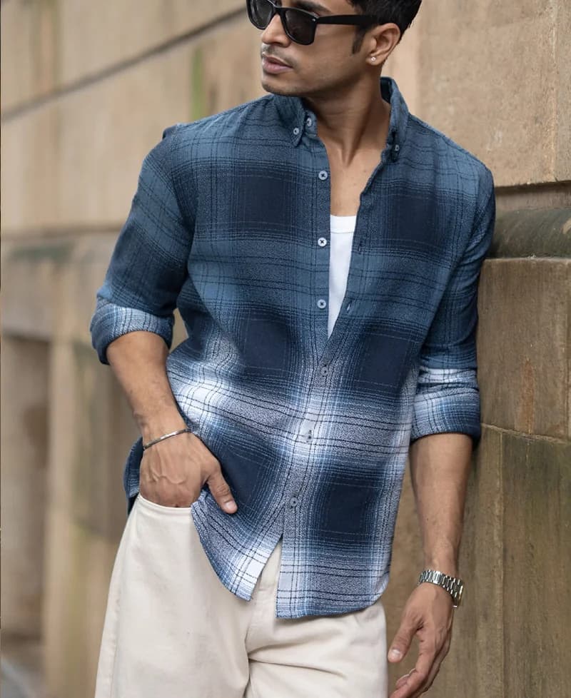 Men's Navy Casual Checked Regular Fit Cotton Shirt