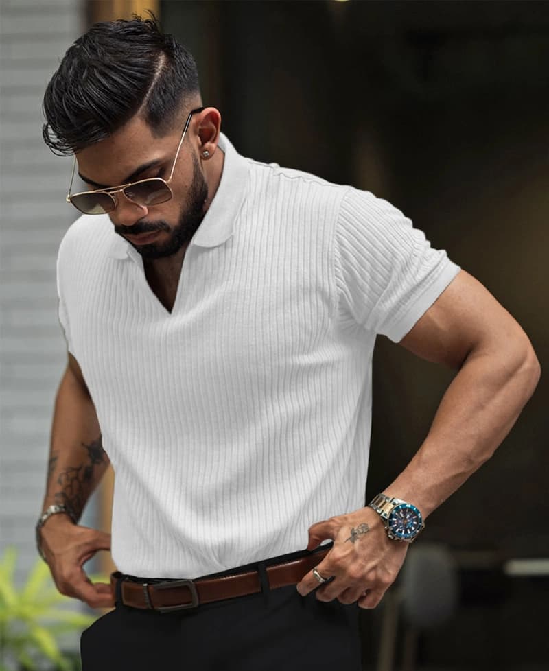 Men's White Casual Solid Regular Fit Polo Tshirt