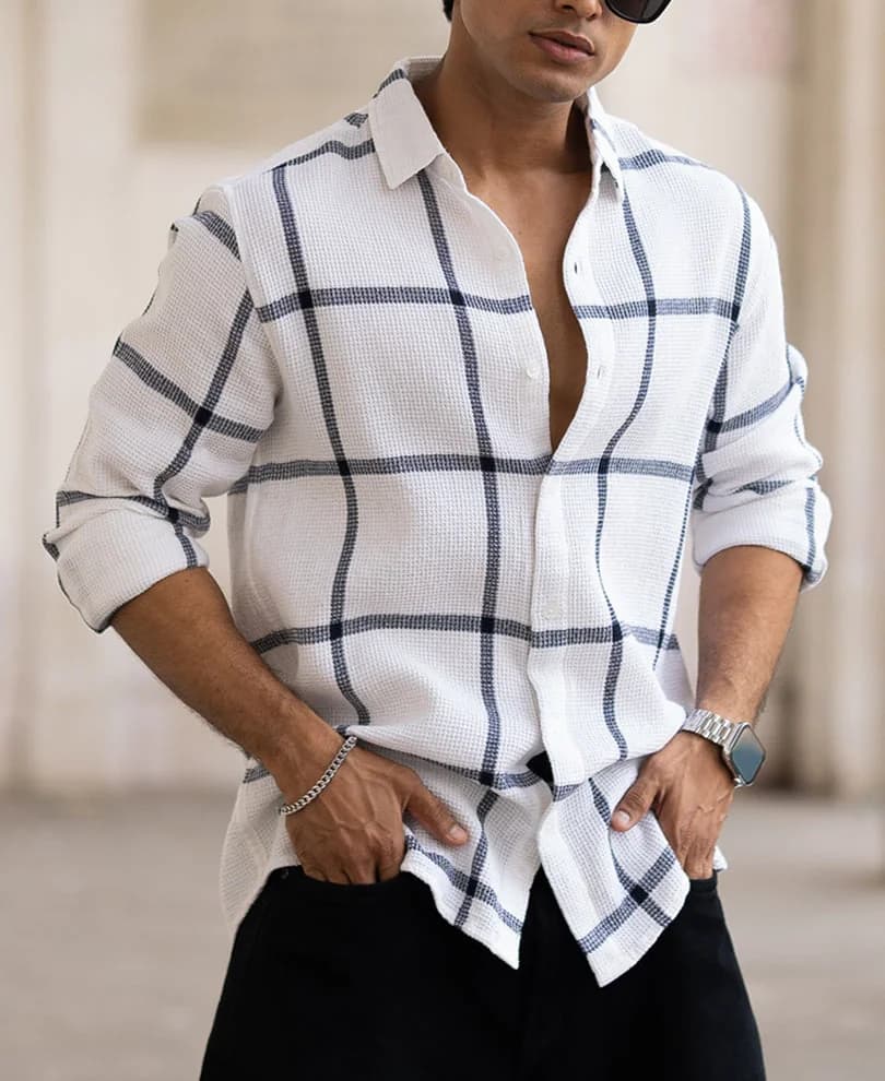 Men's White Casual Checked Regular Fit Cotton Shirt