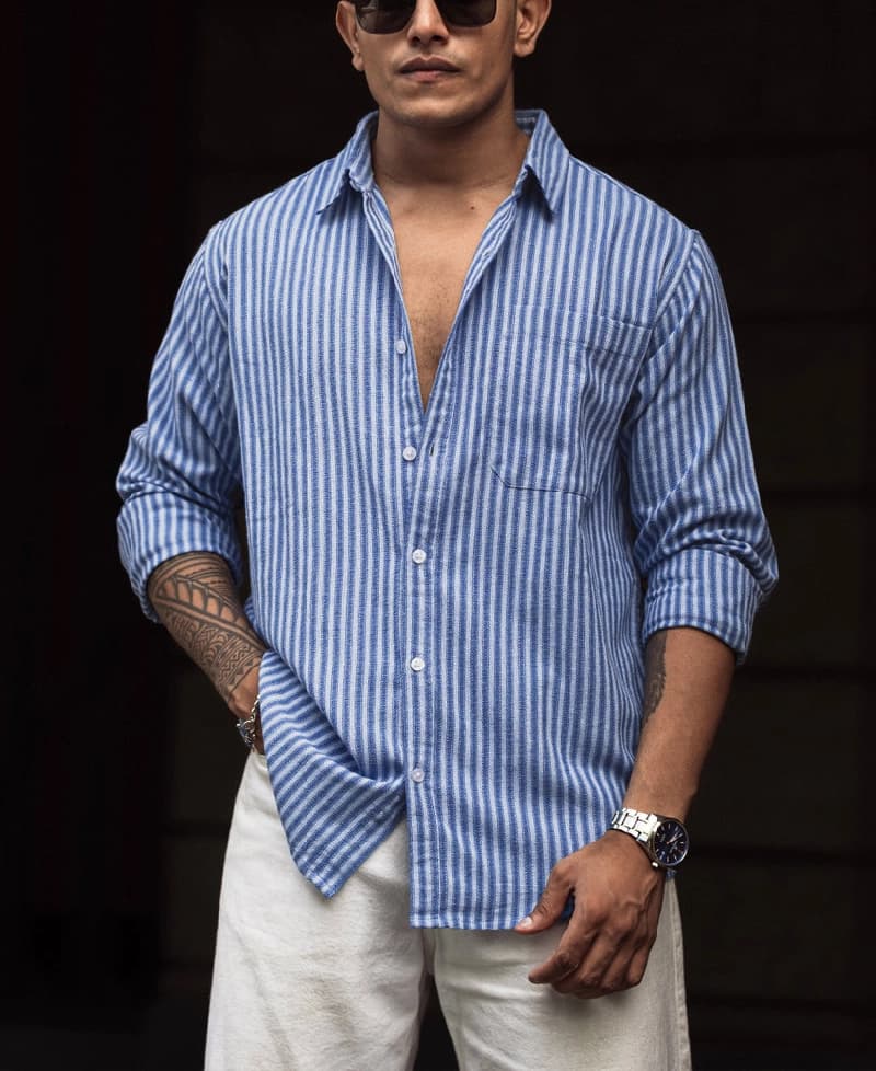 Men's Blue Casual Striped Regular Fit Shirt