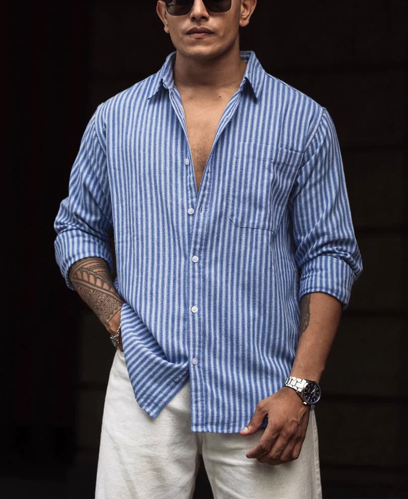 Men's Blue Casual Striped Regular Fit Cotton Shirt