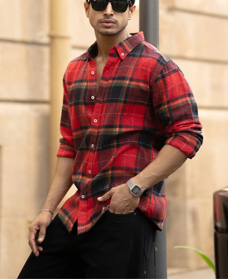 Men's Red Casual Checked Regular Fit Shirt