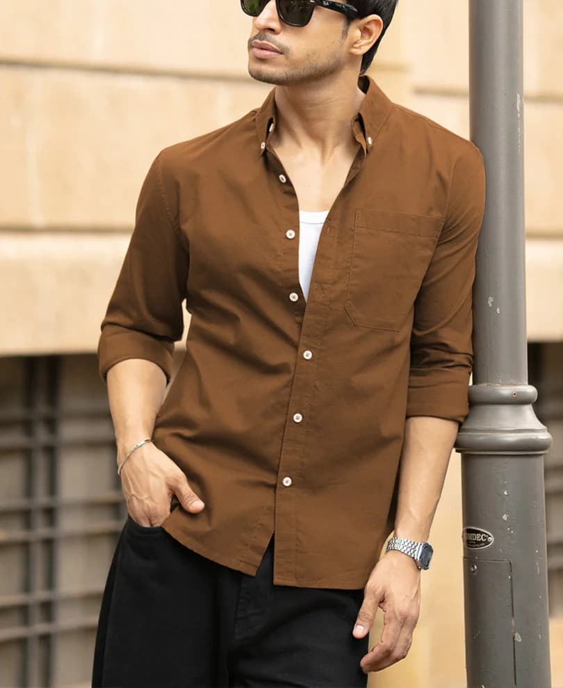 Men's Brown Casual Solid Regular Fit Cotton Shirt