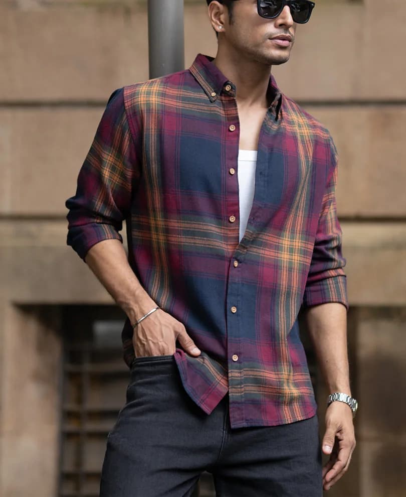 Men's Red Casual Checked Regular Fit Cotton Shirt