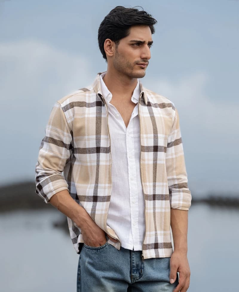 Men's Beige Casual Checked Regular Fit Shirt