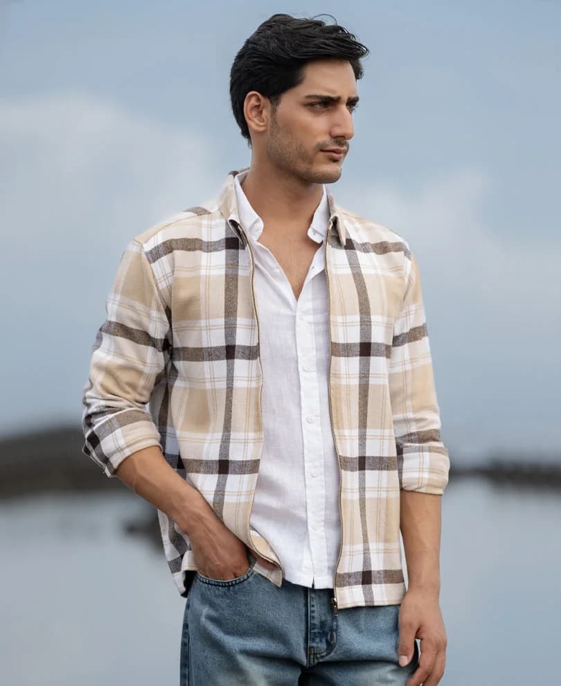 Men's Beige Casual Checked Regular Fit Cotton Shirt