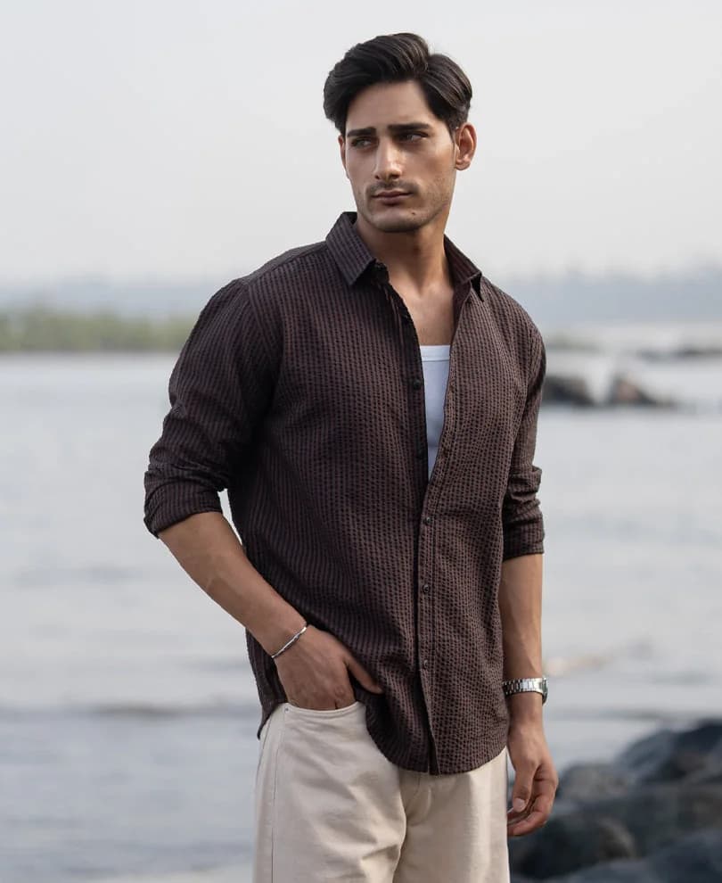 Men's Brown Casual Striped Regular Fit Cotton Shirt