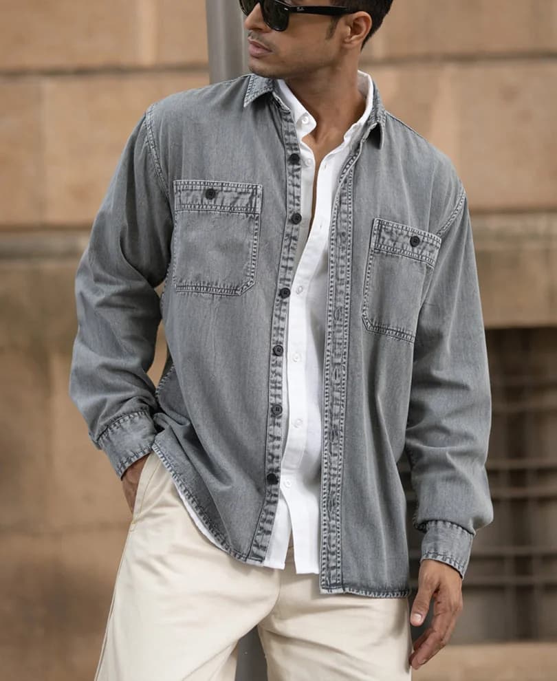 Men's Grey Casual Solid Regular Fit Cotton Shirt