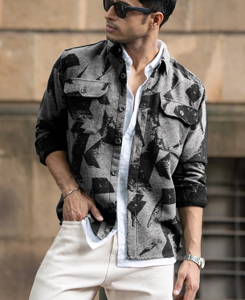 Men's Grey Casual Printed Regular Fit Shirt