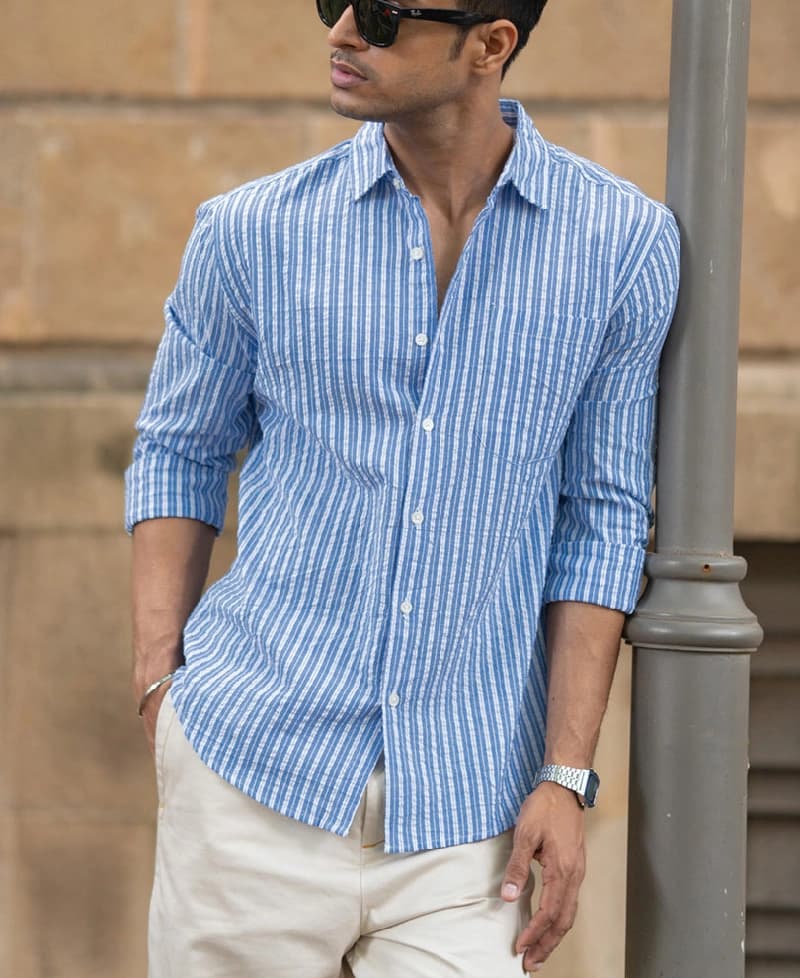 Men's Blue Casual Striped Regular Fit Shirt