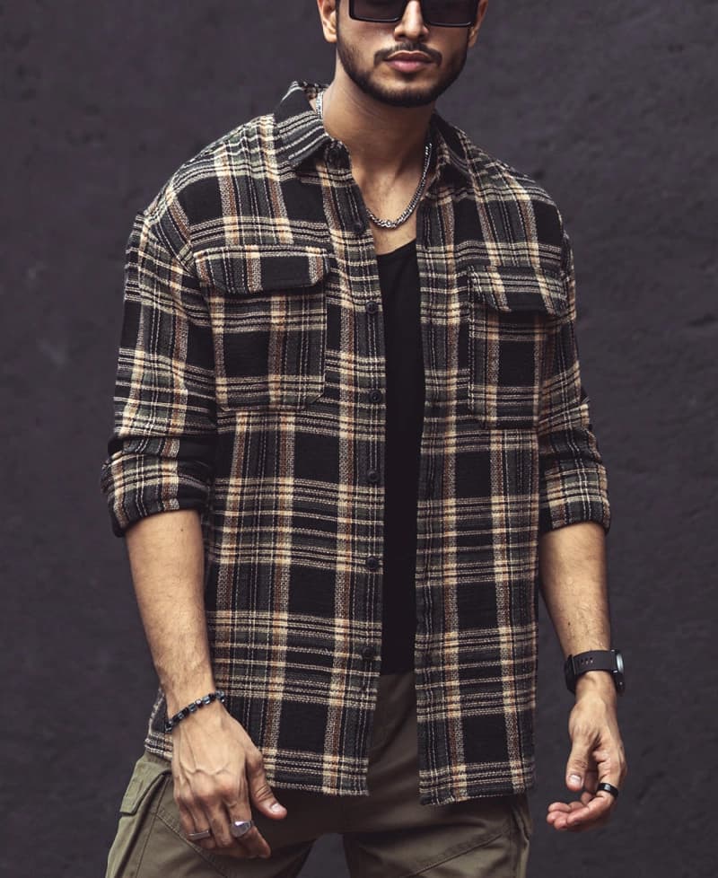 Men's Black Casual Checked Regular Fit Shirt