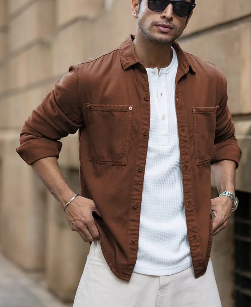 Men's Brown Casual Solid Regular Fit Cotton Shirt
