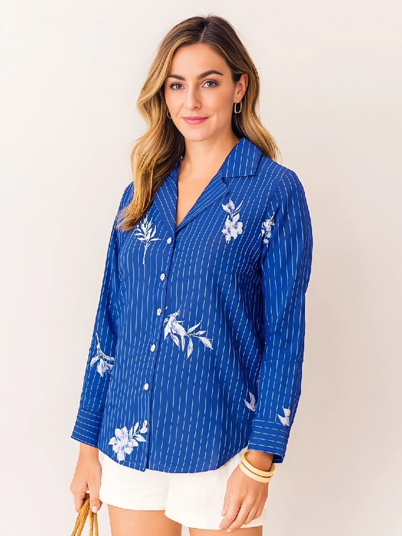 Women's Blue Casual Floral Regular Fit Shirt