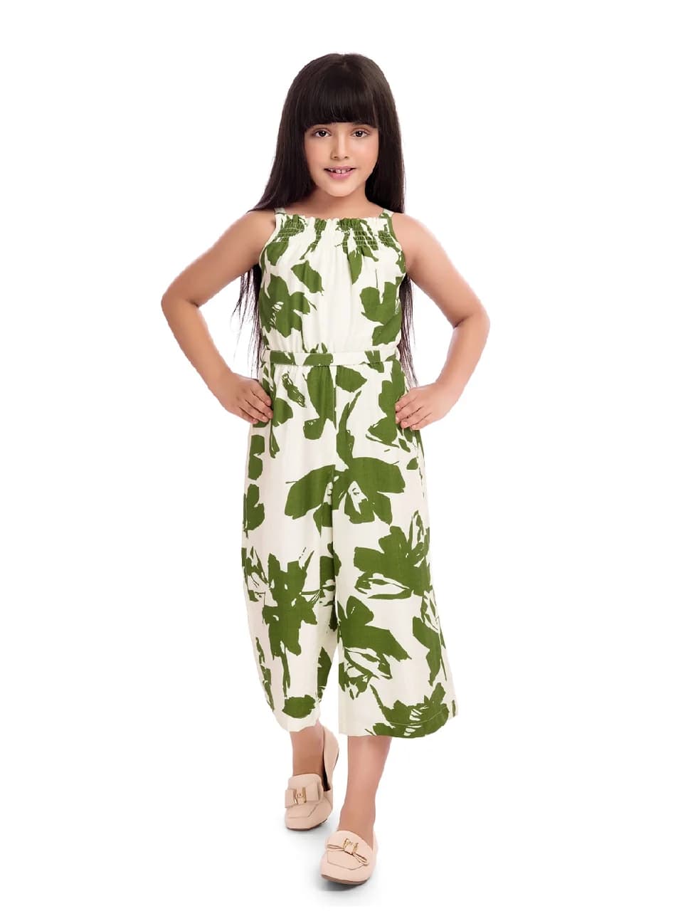 Girls Green Colored Jumpsuit with Jacket