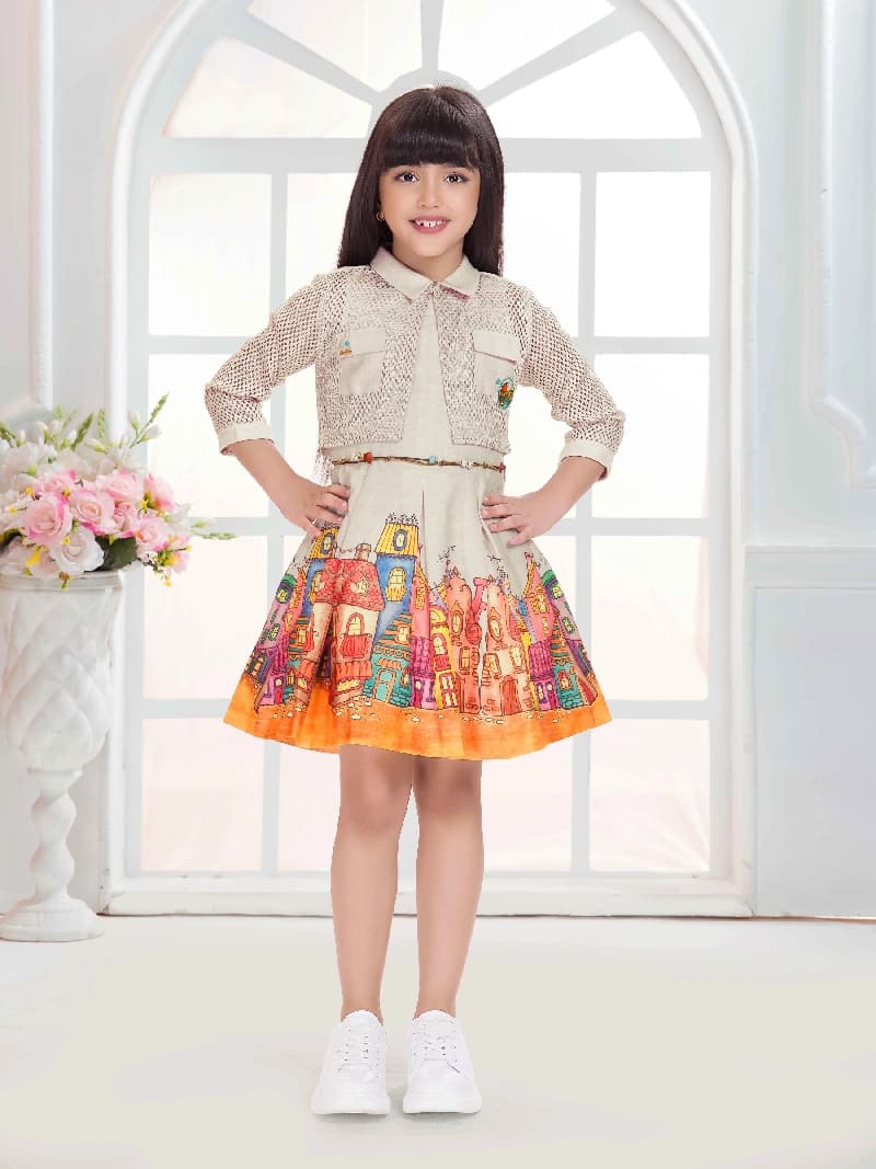 Girls Cream Casual Printed Above Knee Three Fourth Sleeves Dress with Jacket and Belt