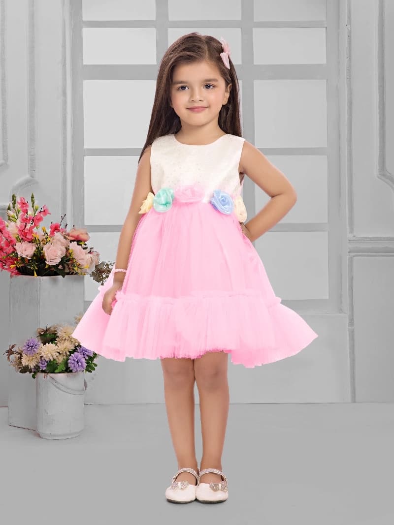 Girls Pink Party Flower Pattern Above Knee Length Sleevless Gown