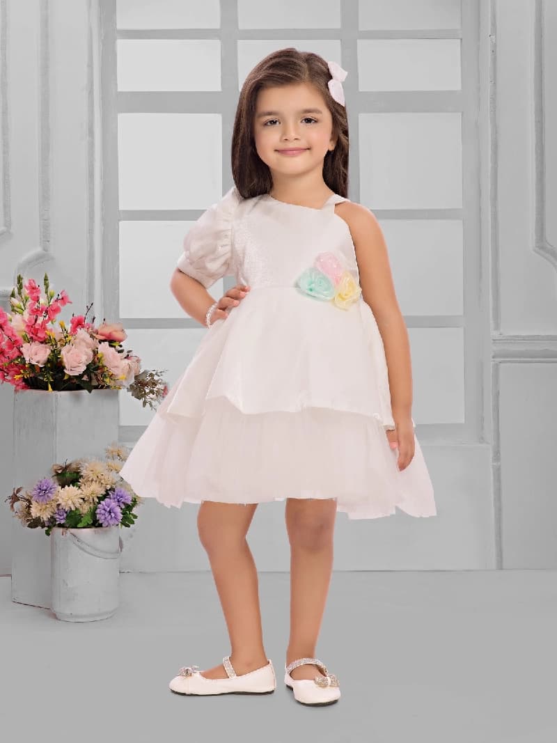 Girls White Party Flower Pattern Above Knee Length Sleevless Frock