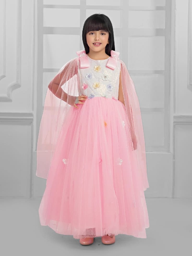 Girls Pink Party Flower Pattern Full Length Sleevless Gown