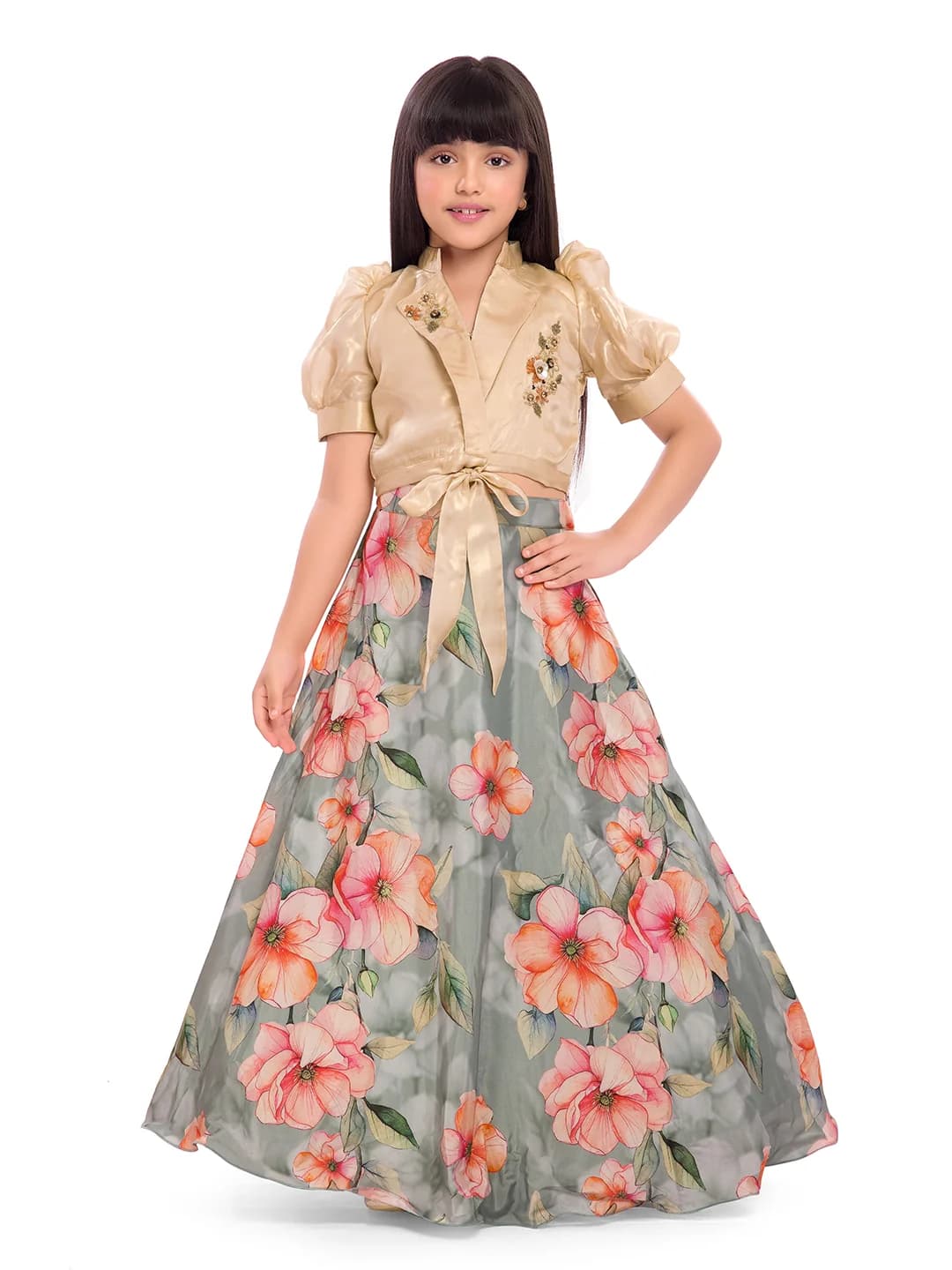 Girls Cream Festive Printed Lehenga Choli