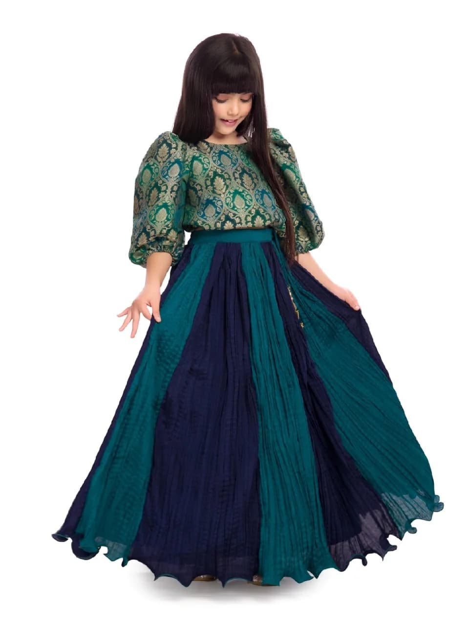 Girls Green Festive Printed lenga Choli