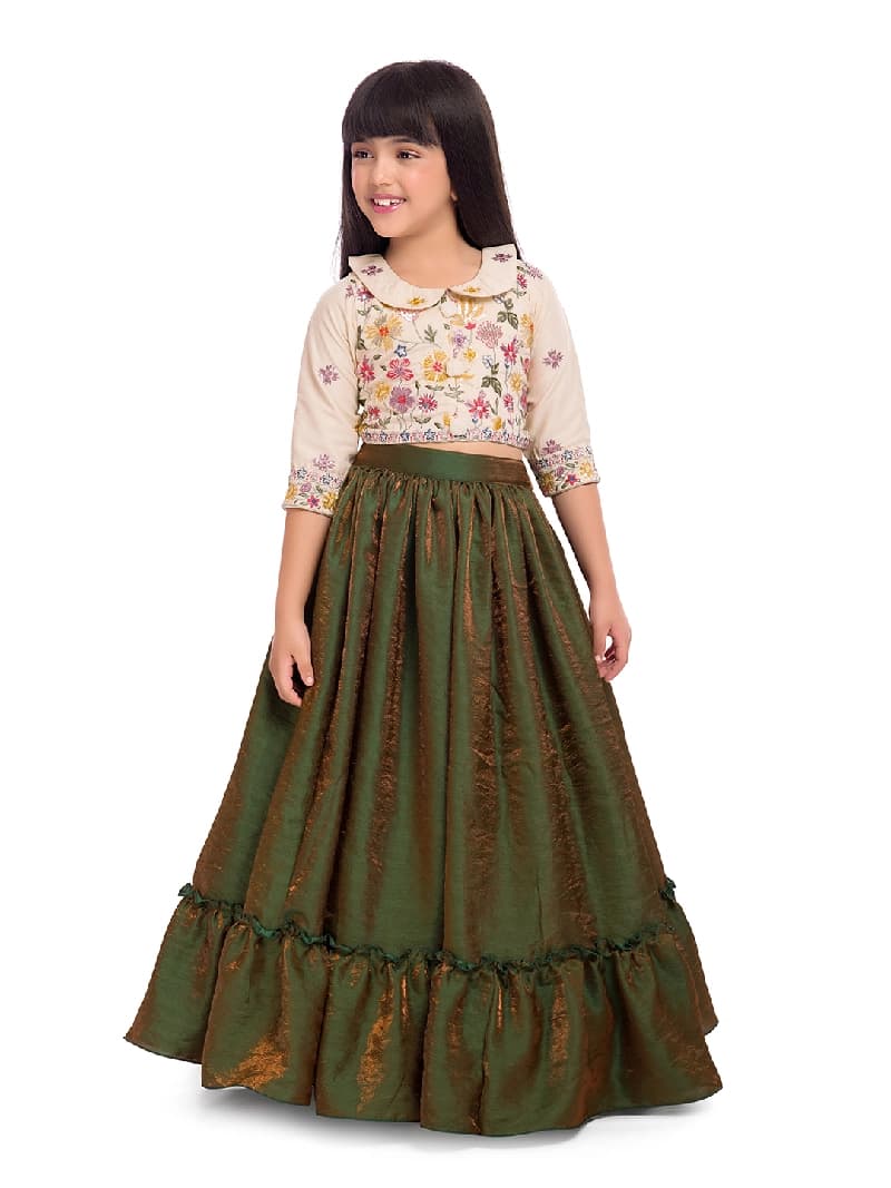 Girls Green Festive Printed Lehenga Choli