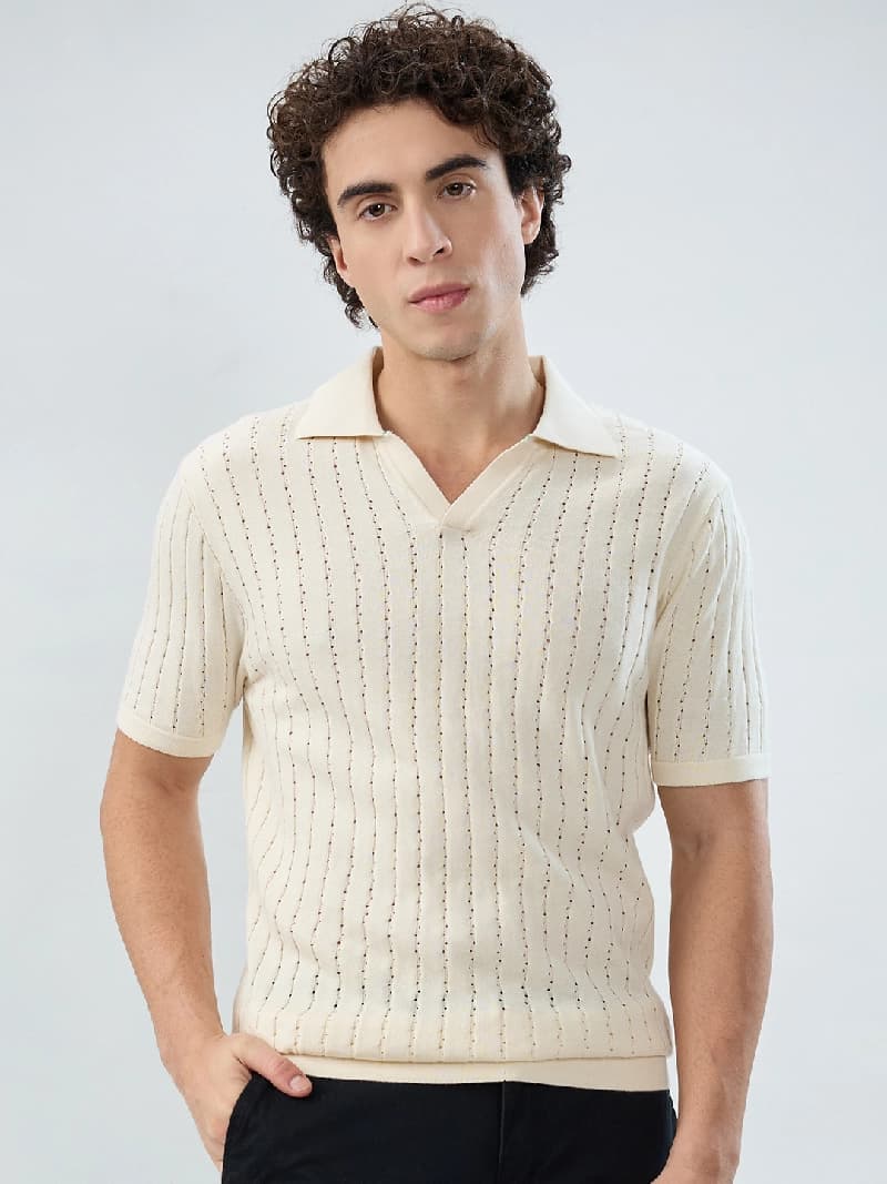 Men's Cream Casual Self-Design Regular Fit Polo Tshirt