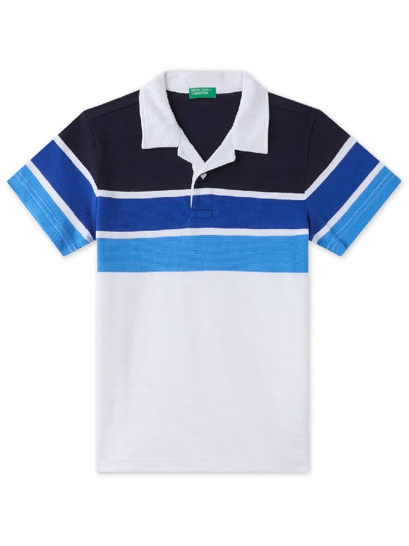 Boys Blue Casual Regular Fit Striped Half Sleeves Polo Tshirt