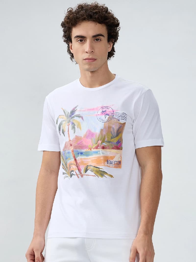 Men's White Casual Striped Regular Fit Tshirt