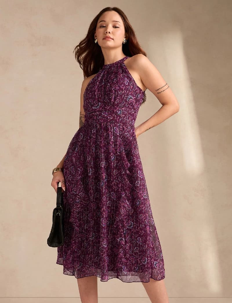 Women's Purple Casual Floral Flared Fit Dress