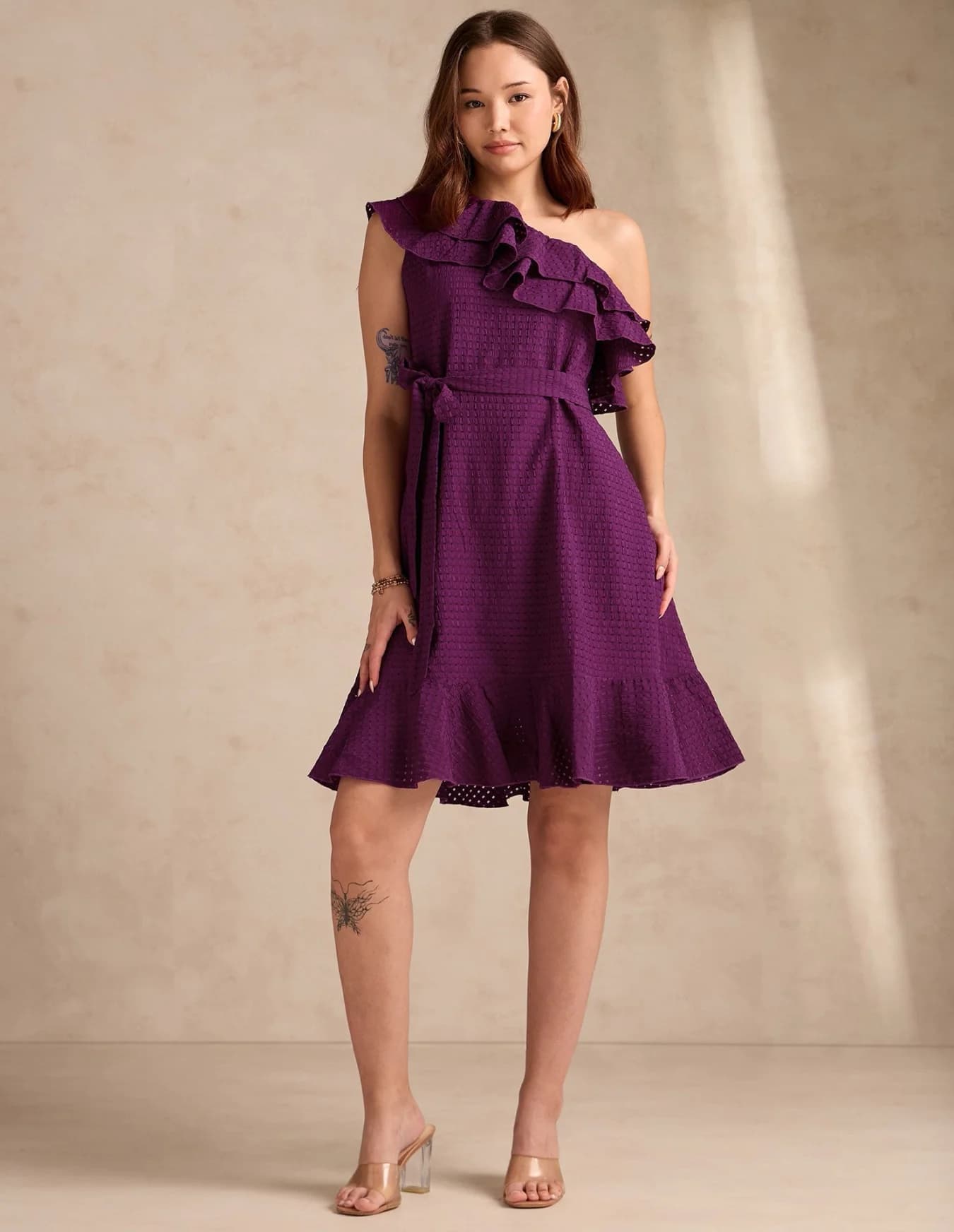Women's Purple Casual Self-Design Regular Fit Dress