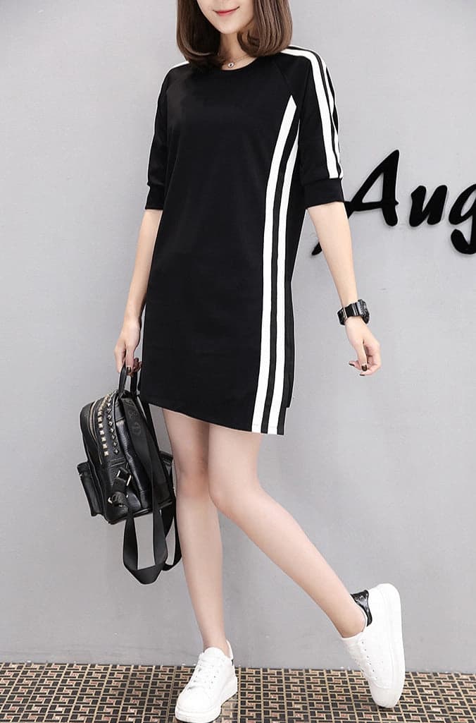 Women's Black Casual Striped Regular Fit Dress
