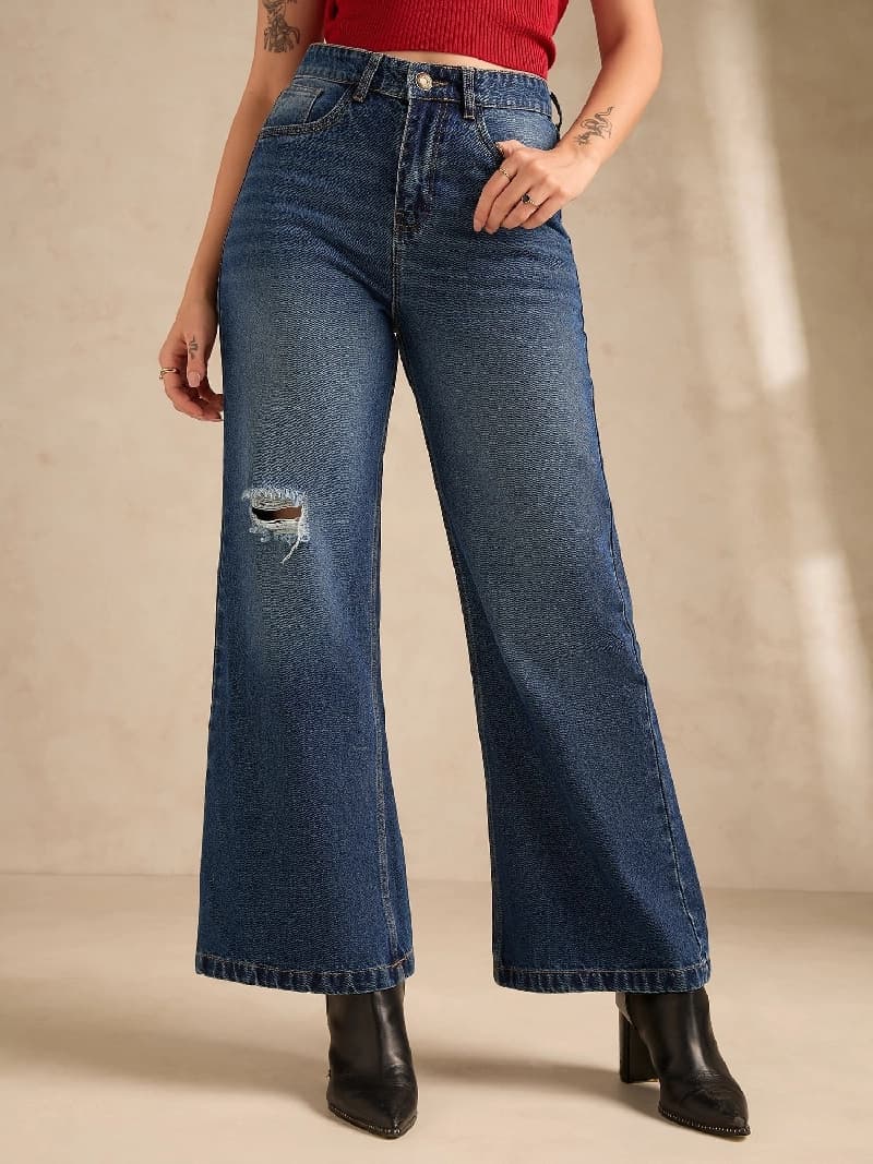 Women's Blue Ribbed Wide Leg Jeans
