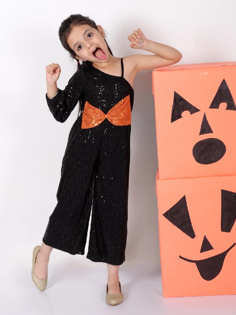 Girls Black Party Full Sleeves Jumpsuit