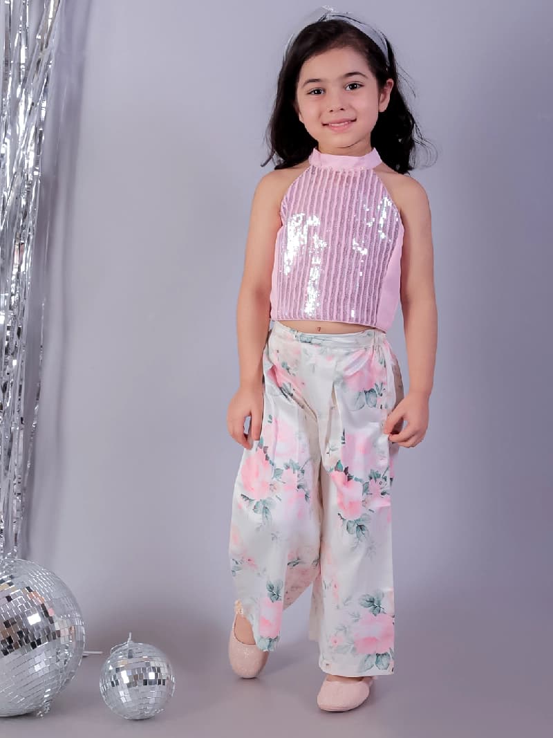 Girls Pink Party Sleeveless Razzle Dazzle Top With Pant Co-ordinate Set