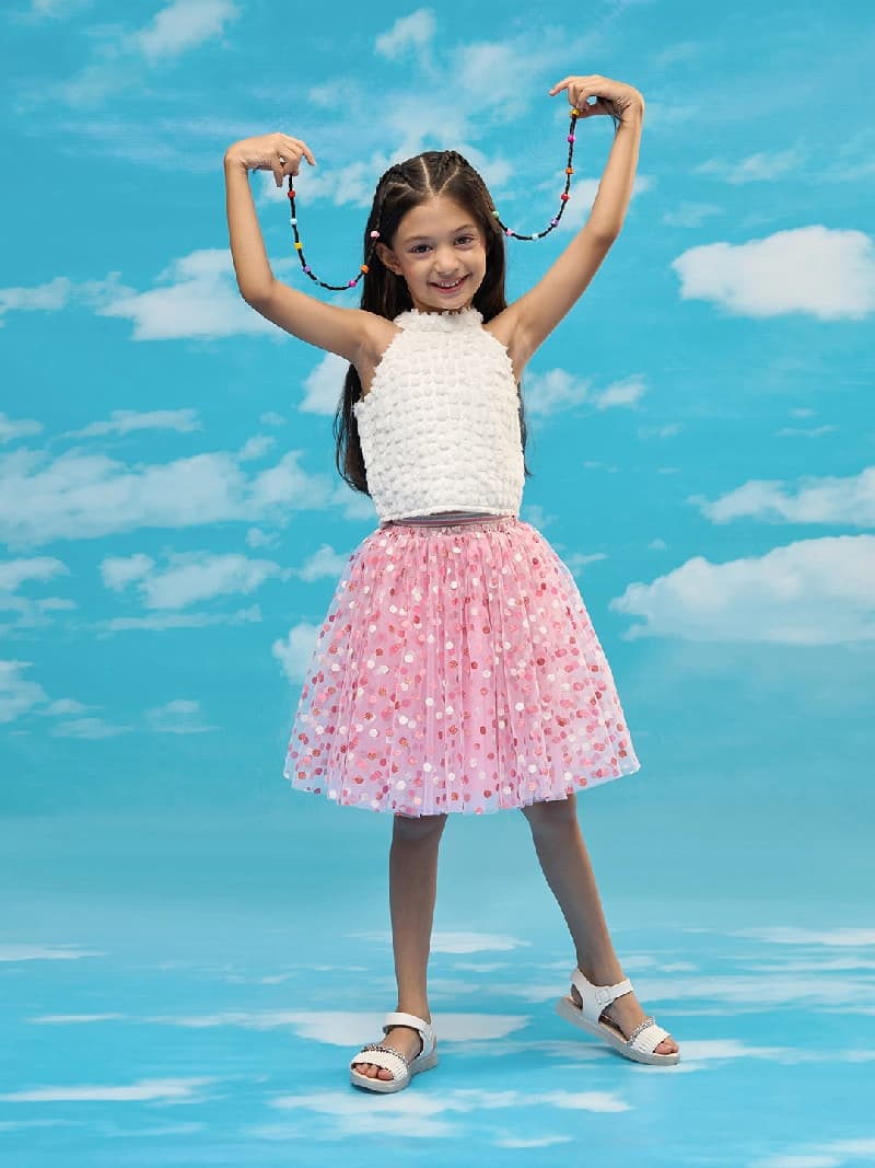 Girls White Party Sleeveless Rainbow Stylish Top With Skirt Co-ordinate Set