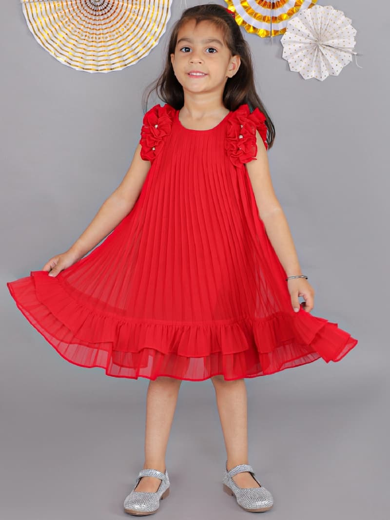 Girls Red Party Sleeveless Glam Up Pleating Dress