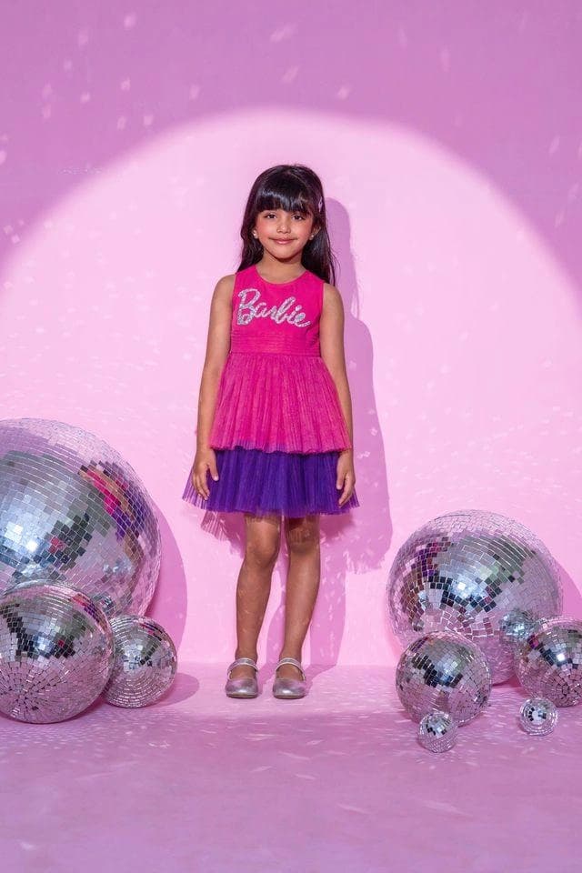 Girls Pink Party Sleeveless Laye Barbie Dress