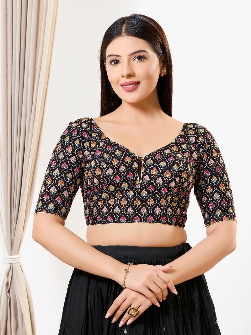 Women's Black Festive Printed Regular Fit Blouse