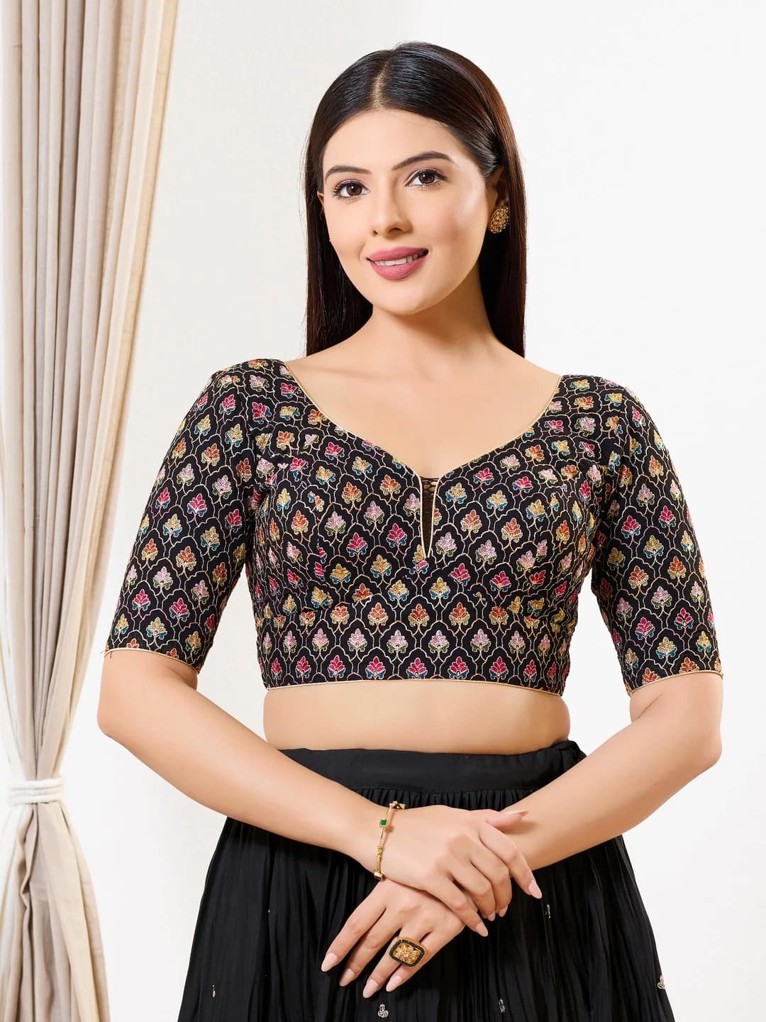 Women's Black Festive Printed Regular Fit Blouse