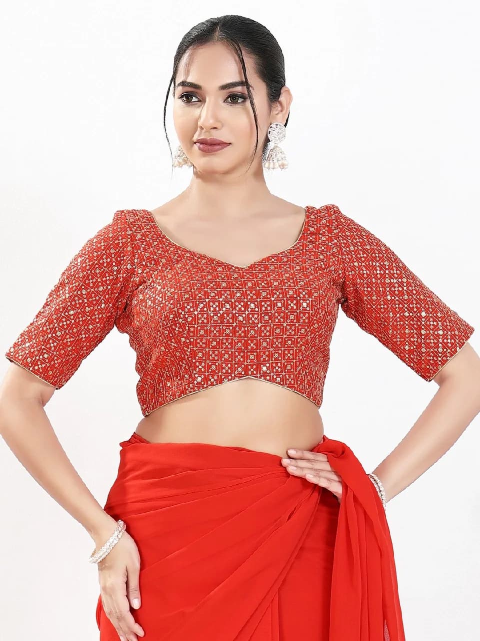 Women's Red Festive Printed Regular Fit Blouse