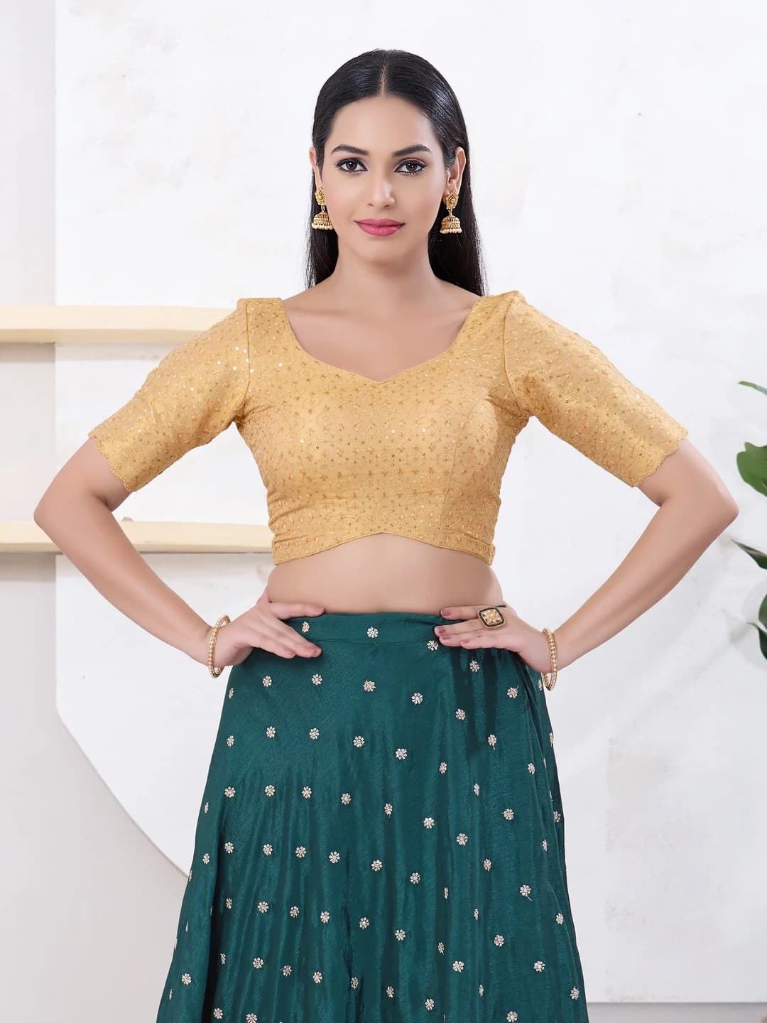 Women's Gold Festive Solid Regular Fit Blouse