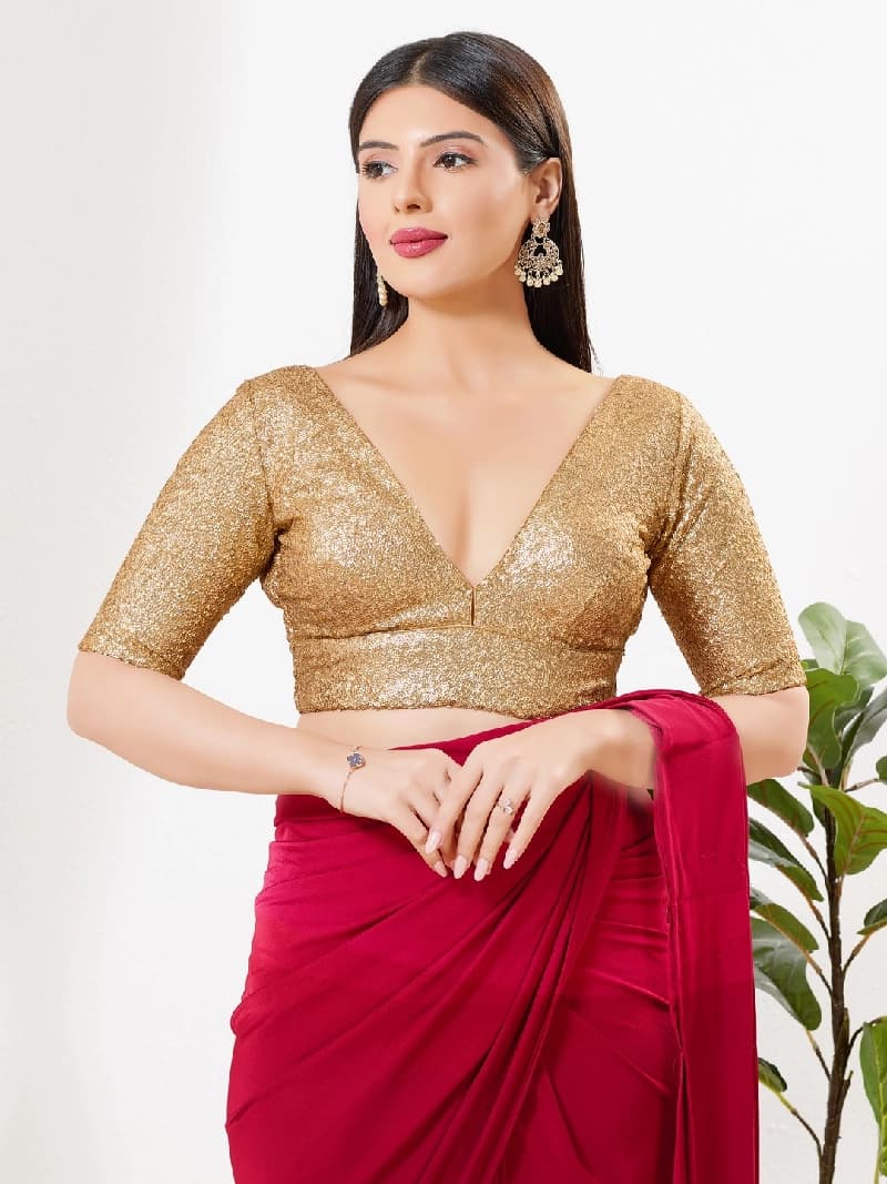 Women's Gold Festive Solid Regular Fit Blouse